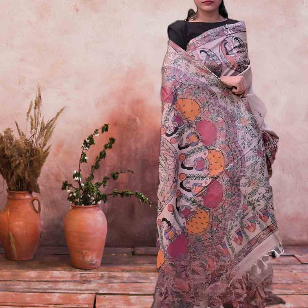 Gopi Katha Madhubani Painting Tussar Silk Saree